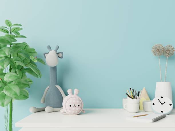 istock Mock up wall in child room interior and blue wall. 1202175383