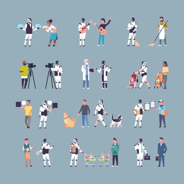 Vector illustration of set robot and human in different situations robotic character vs people artificial intelligence technology competition concepts collection full length