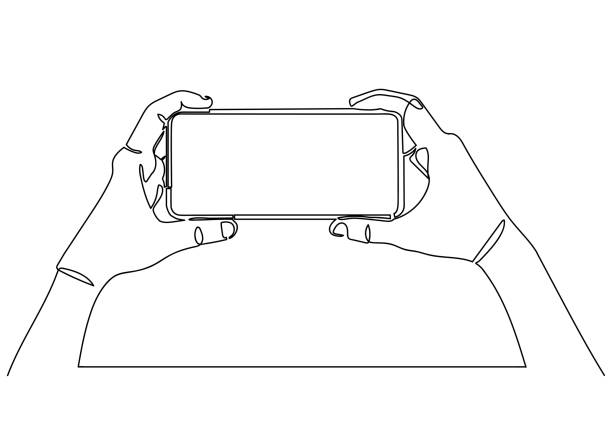 핸드 홀딩 스마트폰의 연속 한 줄 그리기 - sketching drawing human hand horizontal stock illustrations