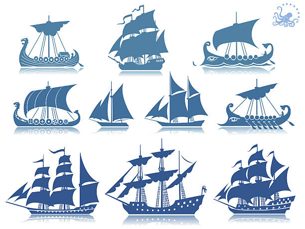 плавание судов iconset - sailing ship sailing sea military ship stock illustrations