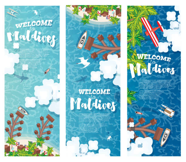 Maldives Beach on Island. Vertical Banners Set. Maldives Beach on Island. Vertical Banners Set. Summer Background with Tropical Beach, Palms, Hotel, Clouds and Airplane. Aerial View. Vector Illustration. tropical beach and clouds scene stock illustrations