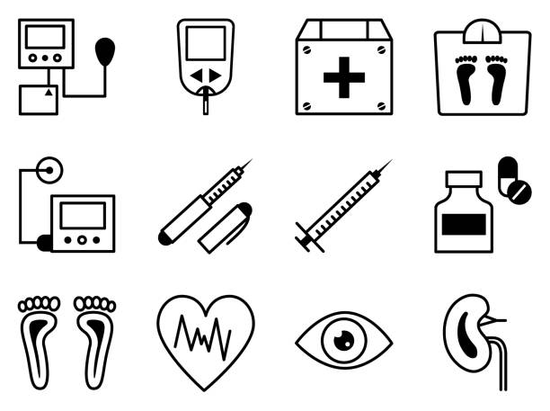 ilustrações de stock, clip art, desenhos animados e ícones de diabetes and blood sugar measurement line icons. diabetes disease icons set, glucose monitoring life. collection modern infographic logo and pictogram. - pumping blood illustrations