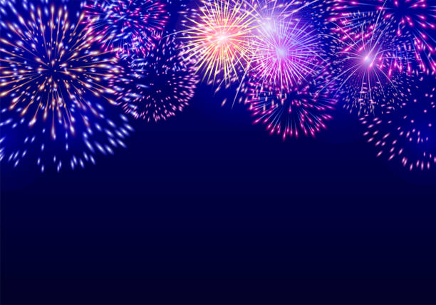 ilustraciones, imágenes clip art, dibujos animados e iconos de stock de coloridos fuegos artificiales vectoriales sobre fondo azul oscuro - new year