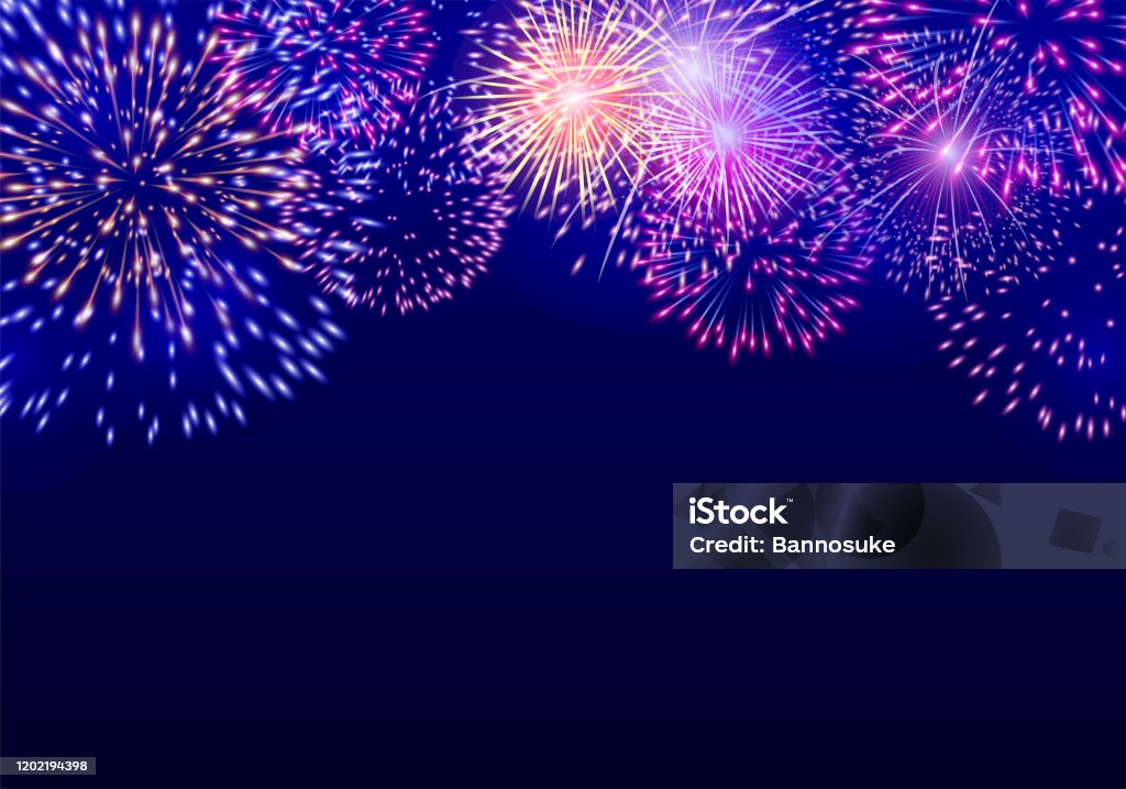 Fuoco d'artificio vettoriale colorato su sfondo blu scuro - arte vettoriale royalty-free di Petardo