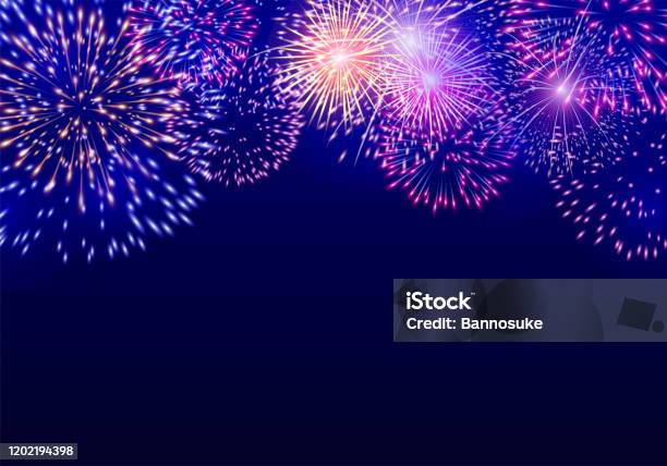 Colorful Vector Firework On Dark Blue Background Stock Illustration - Download Image Now - Firework - Explosive Material, Firework Display, New Year