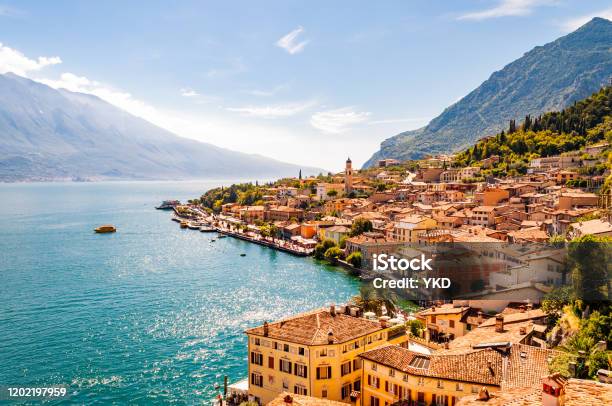 Limone Sul Garda Cityscape On The Shore Of Garda Lake Surrounded By Scenic Northern Italian Nature Amazing Italian Cities Of Lombardy Stock Photo - Download Image Now