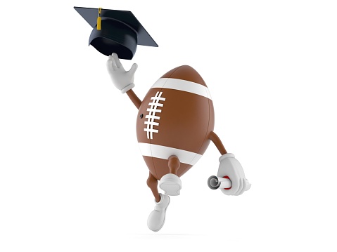 Rugby character throwing mortar board isolated on white background. 3d illustration