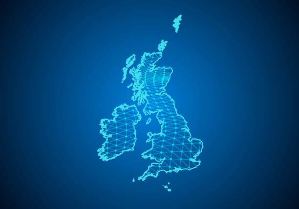 istock Abstract digital map of united Kingdom with particles dots and line. polygonal network business. Wireframe landscape background. Big Data. 3d futuristic. Global network connection. 1202198481