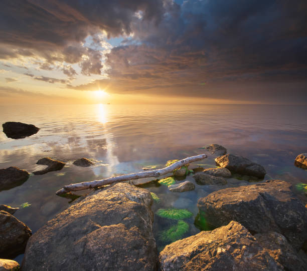 view from the shore on Baltic Sea on Rügen Island at sunset hour