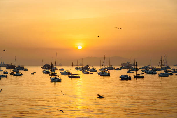 Fisherman boats in water of Arabian Sea on sunrise. Mumbai. India stock photo