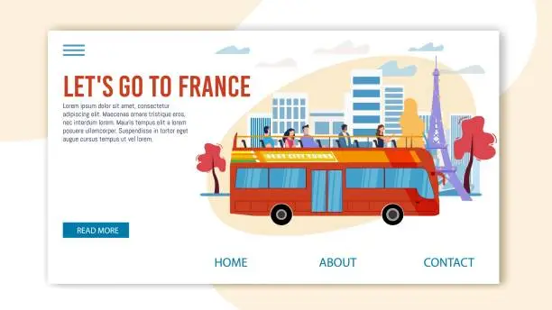 Vector illustration of Touristic Tour to France Flat Vector Webpage
