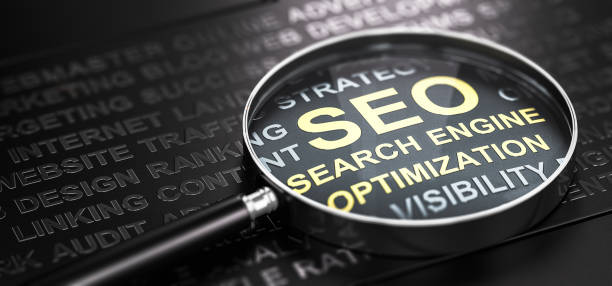 Internet Marketing and Web Analytics. Seo Search Engine Optimization. Magnifying glass and many words over black background, with the text SEO (Search Engine Optimization) written with golden letters. Internet marketing and web analytics concept. 3D illustration search engine photos stock pictures, royalty-free photos & images