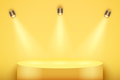 Light box with yellow presentation circle podium on light backdrop with three spotlights. Editable Background Vector illustration.