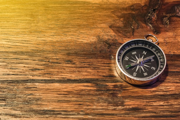 istock Simple compass on the wooden table with copy space 1202209304