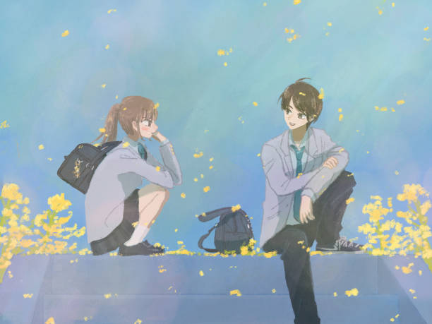 Boy and girl sitting and talking. boy and girl sitting and talking. sad girl crouching stock illustrations