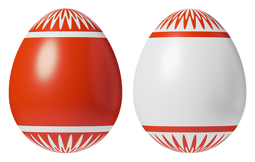 Two Easter eggs, white and red, painted with red simple decor with copy-space isolated on white background, decoration elements for Easter holiday, Easter symbol 3D illustration
