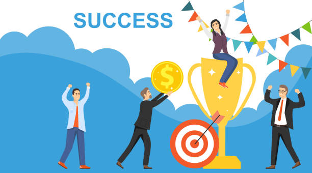 istock People are winners. Victory. People winners rejoice in the win and hold a golden trophy. Vector illustration. Vector. 1202212014