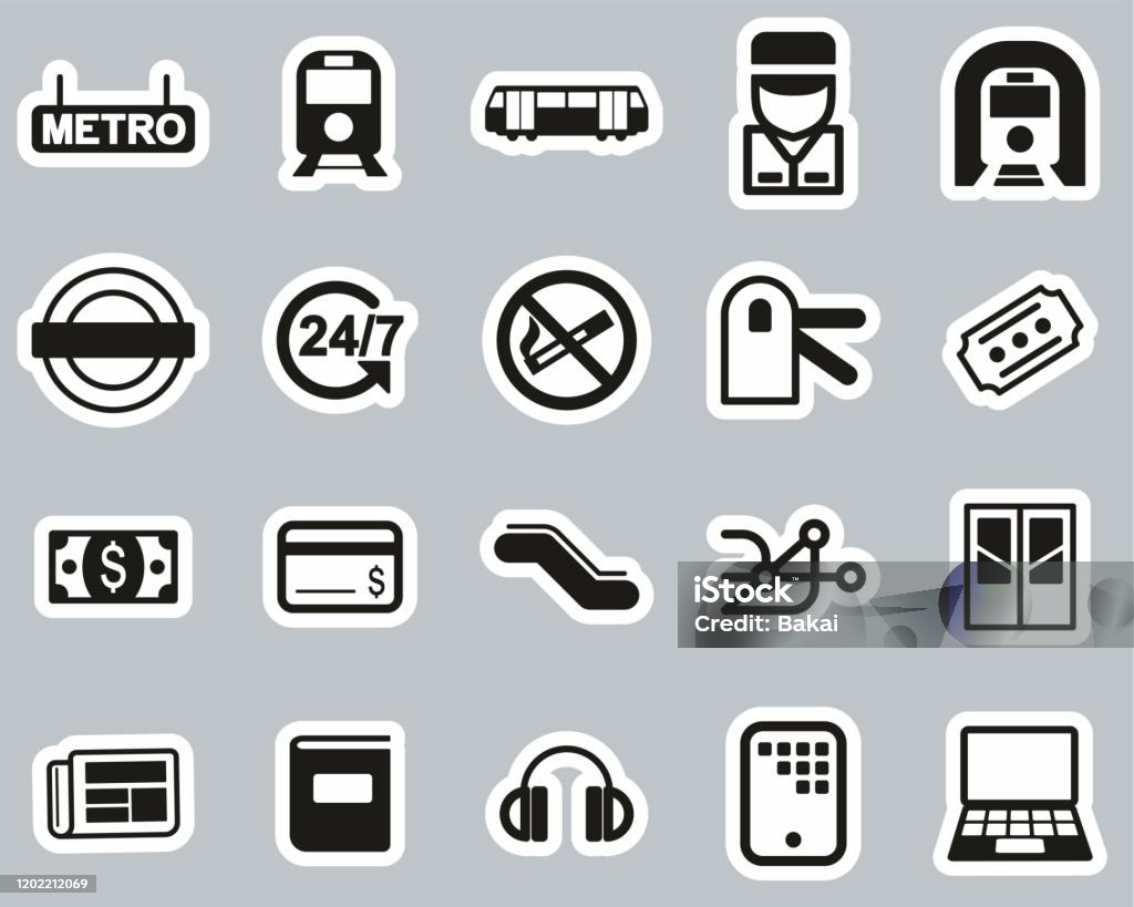Metro Or Subway Icons Black White Sticker Set Big Stock Illustration -  Download Image Now - iStock