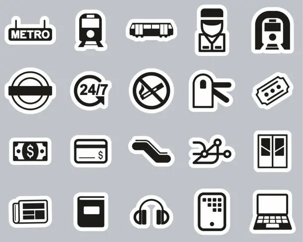 Vector illustration of Metro Or Subway Icons Black & White Sticker Set Big