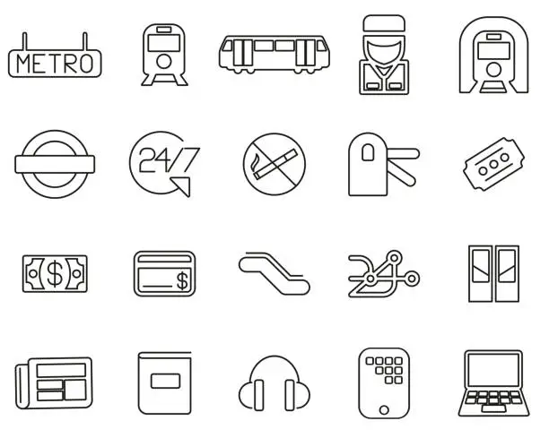 Vector illustration of Metro Or Subway Icons Black & White Thin Line Set Big