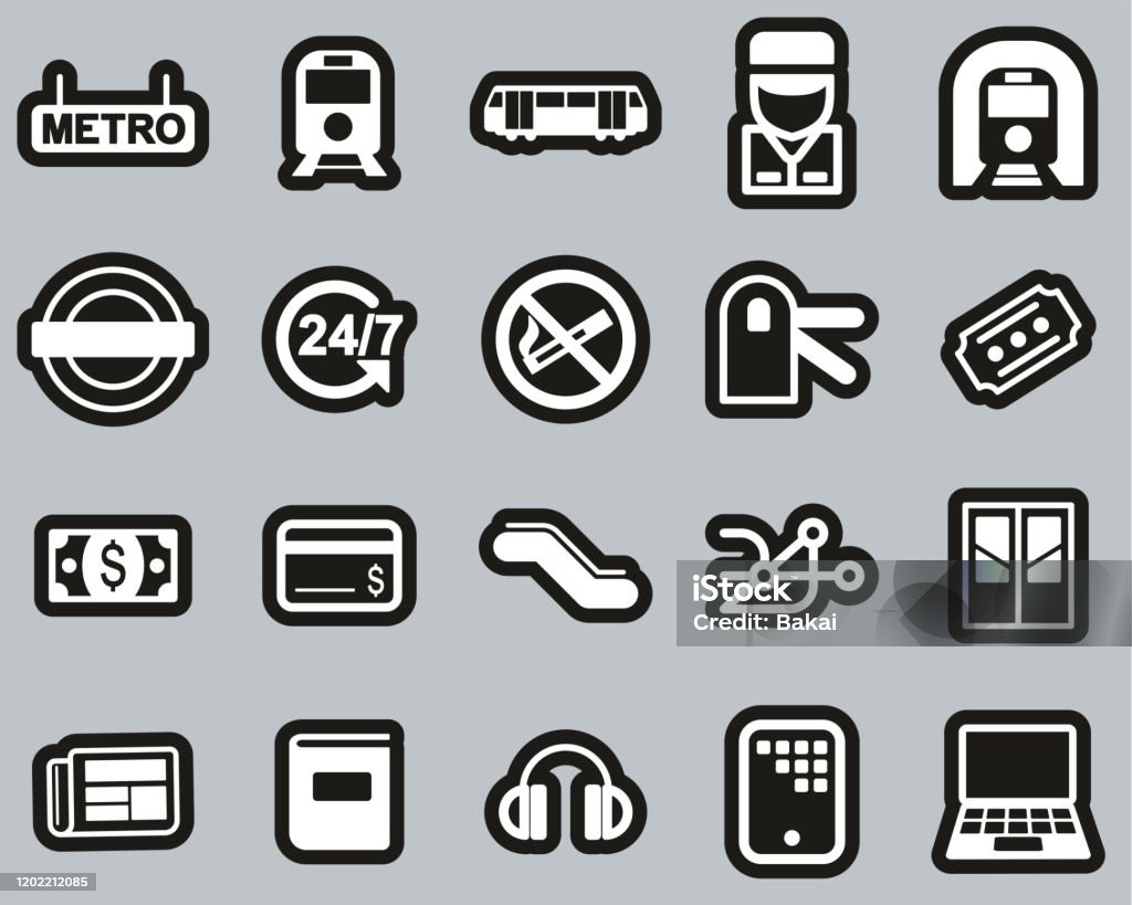 Metro Or Subway Icons White On Black Sticker Set Big Stock Illustration -  Download Image Now - iStock