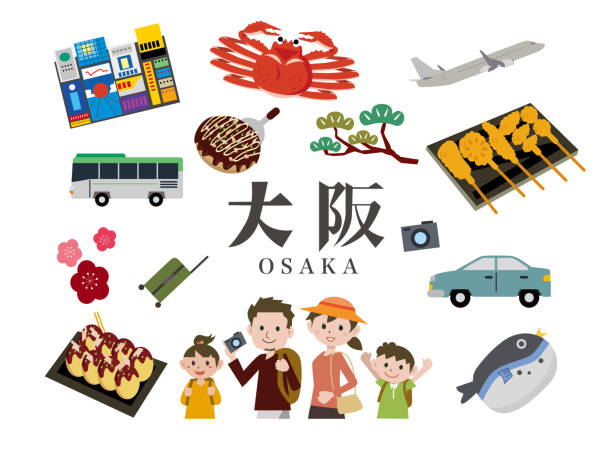 ilustraciones, imágenes clip art, dibujos animados e iconos de stock de hacer turismo en osaka, japón - región de kinki