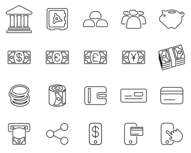 Money Or Currency Icons Black & White Thin Line Set Big Money Or Currency Icons Black & White Thin Line Set Big piggy bank gold british currency pound symbol stock illustrations