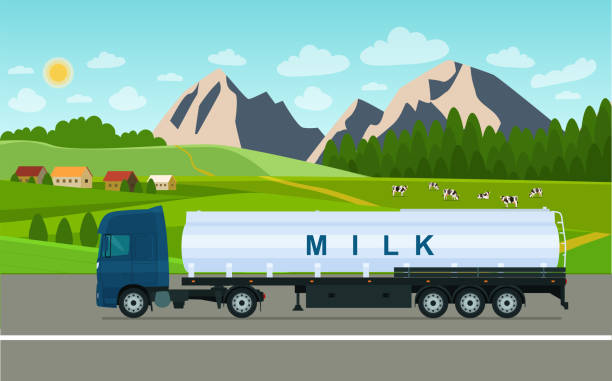 przewoźnik mleka jeździ na tle wiejskiego krajobrazu z krowami. wektor płaska ilustracja stylu. - milk tanker obrazy stock illustrations