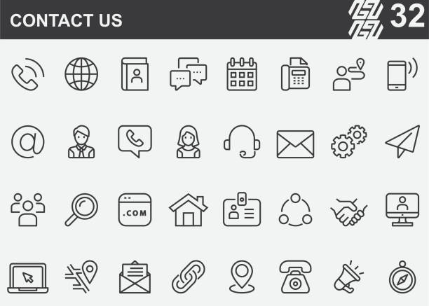 ilustrações de stock, clip art, desenhos animados e ícones de contact us line icons - symbol communication business card men