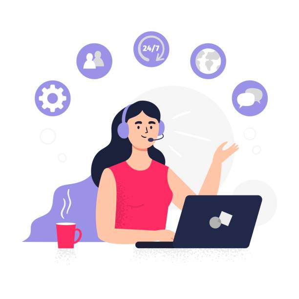 Customer service illustration. Girl answer phone calls, chatting with customers and help clients. Flat Vector illustration good for telemarketing, call centers, helpline or other businesses. customer illustrations stock illustrations
