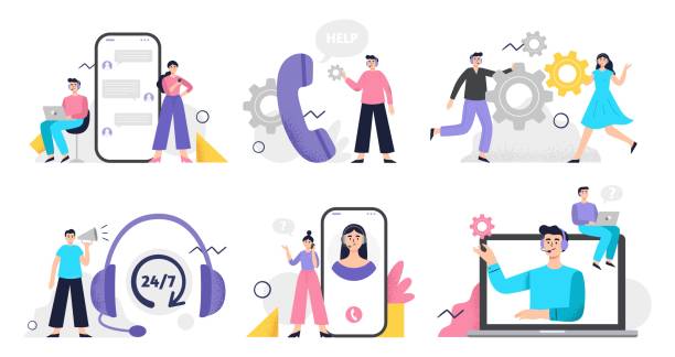 ilustrações, clipart, desenhos animados e ícones de conjunto de ilustração de atendimento ao cliente. meninas e homens atendem telefonemas, conversando com clientes e ajudam clientes - it support audio