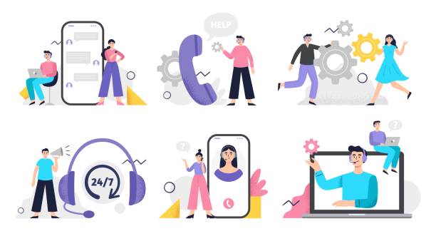 Set of customer service illustration. Girls and men answer phone calls, chatting with customers and help clients Flat Vector illustration good for telemarketing, call centers, helpline or other businesses. telephone line illustrations stock illustrations