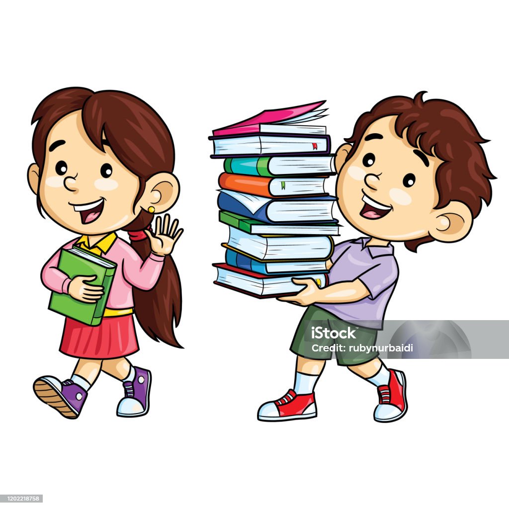 Cartoon Kids Carry Books Stock Illustration - Download Image Now ...