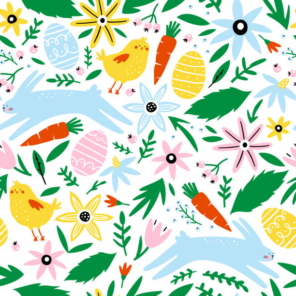 ilustrações de stock, clip art, desenhos animados e ícones de happy easter seamless pattern with flowers, eggs, rabbit, bird. - carrot seamless food vegetable