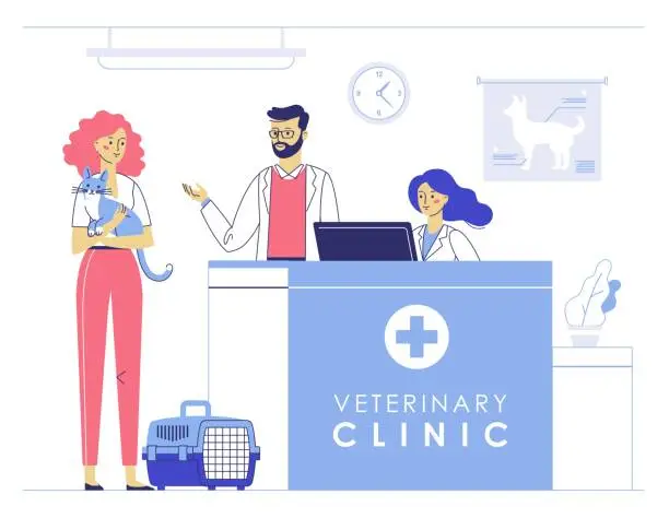 Vector illustration of Veterinary concept with animal patient and doctor in reception vet clinic.