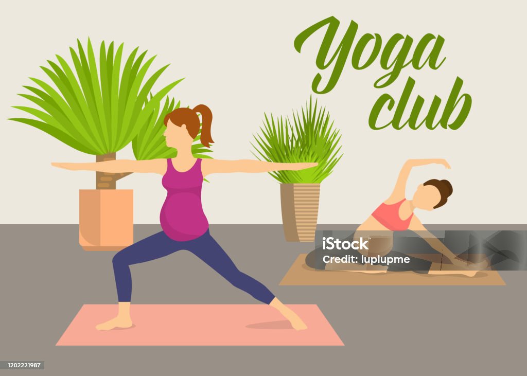 Prenatal Yoga Fitness Club Vector Illustration Pregnant Women Practising  Yoga Pilates In Fitness Club With Green Plants Female Cartoon Characters  Doing Balancing Yoga Poses Stock Illustration - Download Image Now - iStock