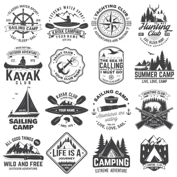 Vector illustration of Summer camp, hunting club, sailing camp, yacht club, canoe and kayak club badges. Vector. Concept for shirt or logo, print, stamp. Design with camper, kayaker, hunter, sailing camp silhouette