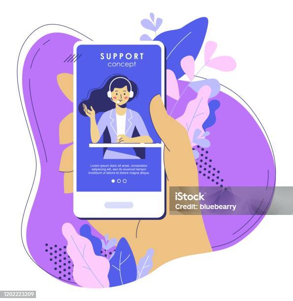 Online Supportkoncept Med Smartphone Och Operatör-vektorgrafik och fler bilder på Kundservicerepresentant - Kundservicerepresentant, Videosamtal, Virtuell verklighet