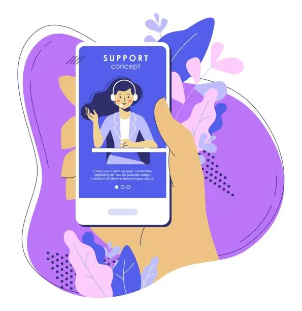Vector illustration of Online support concept with smartphone and operator.
