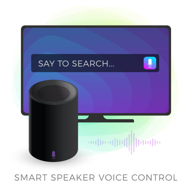istock Smart Speaker TV Voice Control concept illustration. AI (artificial intelligence) personal assistant controls voice commands in conjunction with IOT smart TV. Flat isometric vector icon 1202226105