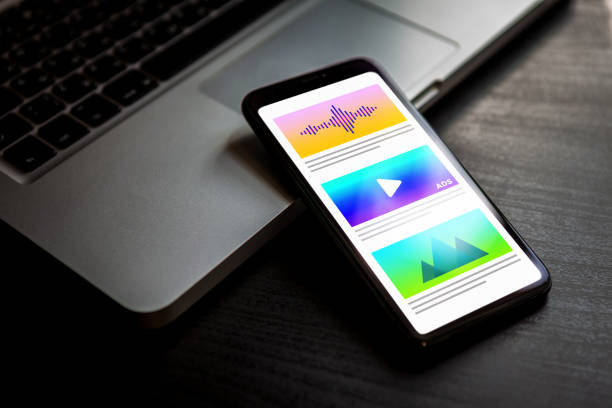istock Digital Marketing and target native advertising closeup concept on mobile phone screen 1202226311