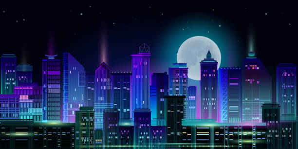 istock Night city panorama with moon and neon glow. Vector illustration. 1202226638