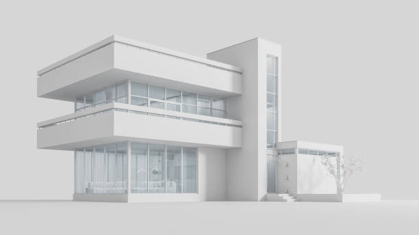 istock The project of a modern house cottage white materials with fluorescent lighting.3D illustration. 3D render. Stock illustration. 1202229355