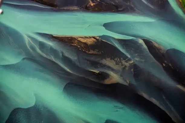 Helicopter view of beautiful Iceland glacial rivers