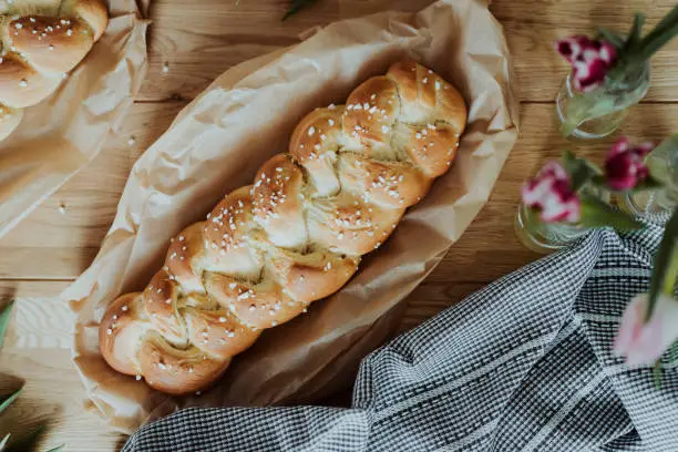 Fresh baked sweet braided yeast bun