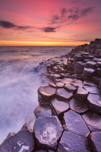 The Giant's Causeway in Northern Ireland at sunset Sunset over the basalt rock formations of Giant's Causeway on the north coast of Northern Ireland. northern ireland photos stock pictures, royalty-free photos & images