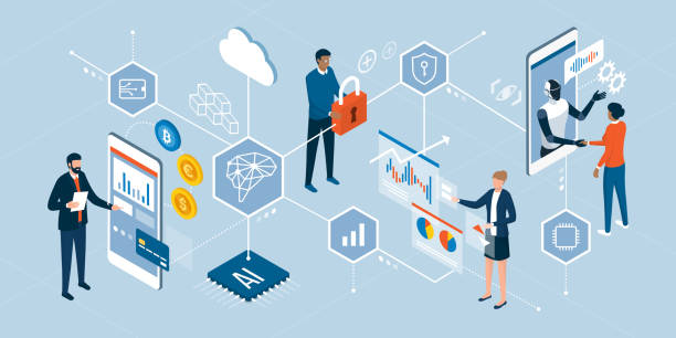 Business, technology and finance trends Innovative technologies and finance trends: business people interacting with digital interfaces, charts and artificial intelligence accountancy illustrations stock illustrations