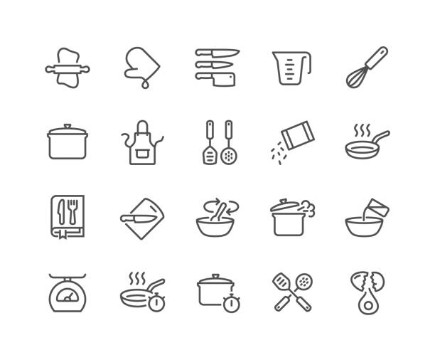 Line Cooking Icons Simple Set of Cooking Related Vector Line Icons. Contains such Icons as Kitchen Utensils, Boiling and Frying Time, Cookbook and more. Editable Stroke. 48x48 Pixel Perfect. mixing stock illustrations