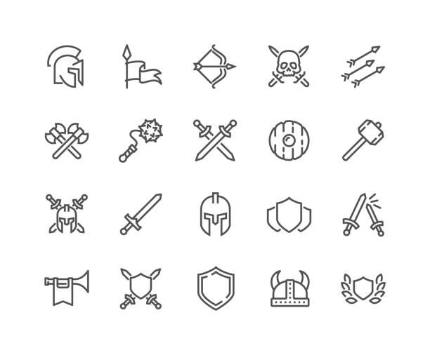 Line Archaic War Icons Simple Set of Archaic War Related Vector Line Icons. 
Contains such Icons as Helmet, Sword, Shield and more.
Editable Stroke. 48x48 Pixel Perfect. arrow bow and arrow illustrations stock illustrations