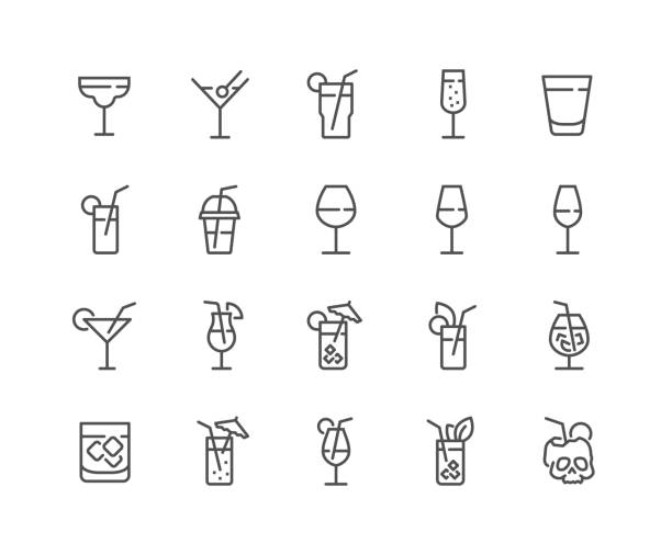 Line Cocktail Icons Simple Set of Cocktail Related Vector Line Icons. 
Contains such Icons as Rock, Martini, Champaign Glass and more.
Editable Stroke. 48x48 Pixel Perfect. drinking glass stock illustrations